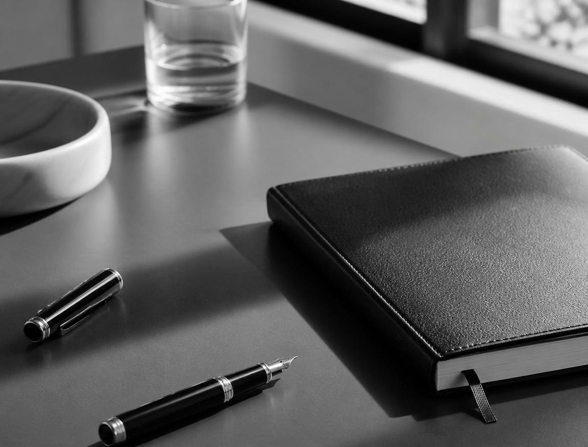 Bureau élégant avec un carnet et un stylo plume, lumière naturelle