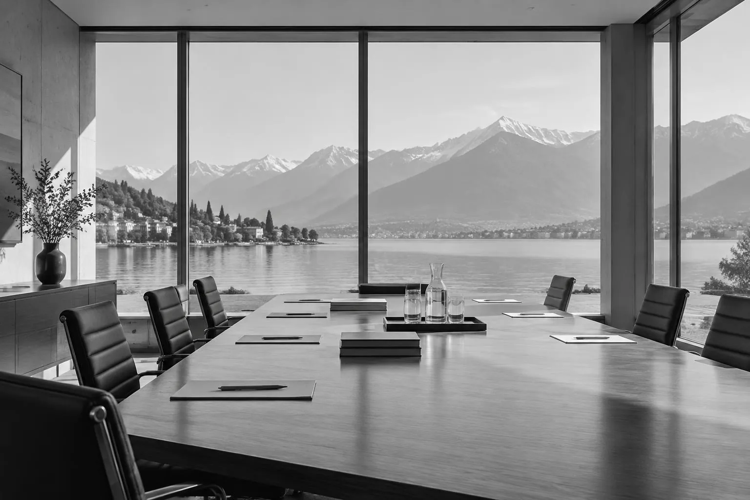 Table de direction épurée avec documents, éclairée par la lumière naturelle et ouverte sur un lac suisse
